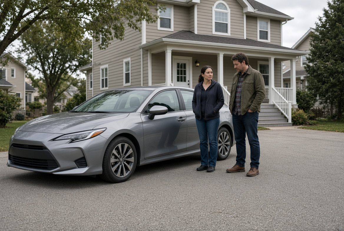 A couple standing beside a gray sedan parked in the driveway of a two-story suburban house